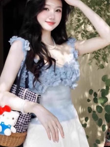 chaqi | Blue Knitted Hook Flower Vest Heavy Work Strap Design Slim Fit Summer New Style Womens Top Commute Style Short Length Solid Color