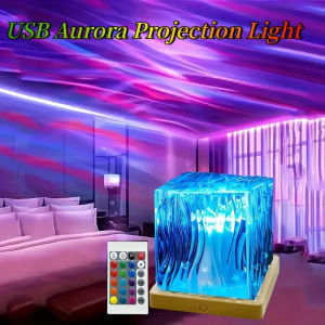 Ocean Wave Aurora Projector Light Remote 16 Colors RGB Dimmable Water Ripple Flame Crystal Lamp for Living Room Study Bedroom