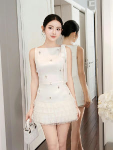 French Style Short Birthday Dress Womens Fashion High Waist Diamond Embellished Elegant Design Sensation Rich Girl Skirt