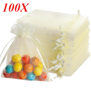 100PCS Organza Bags Milky White Mesh Jewelry Bags Drawstring Small Drawstring Favor Pouches Christmas Candy Wedding Birthday