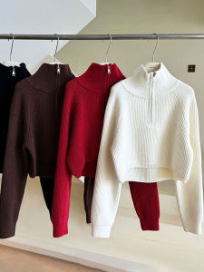 Fall Winter Thickened High Collar Half Zip Short Knitted Sweater Womens Loose Fit Korean Style Commute Pure Color Top