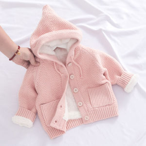 เสื้อคลุมมีฮู้ดสำหรับเด็กผู้หญิงเสื้อคาร์ดิแกนแบบถักบุขนกำมะหยี่หนาพิเศษสำหรับเด็กชายเสื้อไหมพรมสำหรับเด็กทารกชุดฤดูหนาวขนแกะสไตล์ตะวันตกแบบเจ้าหญิง