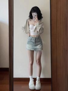 High Waist A-Line Mini Skirt Womens Denim Retro Style Commute Pure Color Slimming Short Skirt Summer New Arrival Hot Girl