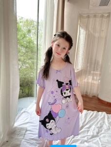 Girls Breathable Light Modal Sleepwear Short Sleeve Strawberry Bear Design Summer Sweet Cute Childrens Home Dressing Gown