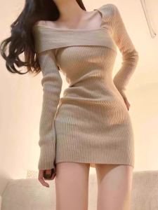 Slim Fit Wrap around Long Sleeve Short Dress Korean Style Commute High Waist Knitted Inner Wear Base Shirt Shoulderless Sweater