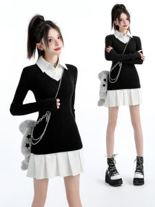 Original Autumn Winter Long Sleeve Slim Fit Knitted Pleated Dress Womens Fashion College Style Spicy Girl Fake Two-Piece Dress