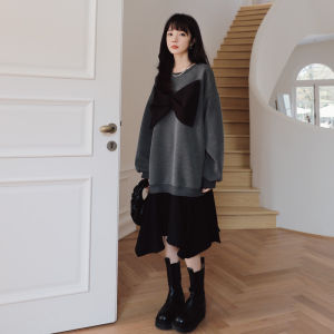 ชุดเดรสสเวตเตอร์ยาวสไตล์ฝรั่งเศสสำหรับผู้หญิงไซส์ใหญ่ แขนยาว ทรงหลวม 2 ชิ้น แฟชั่นฤดูใบไม้ร่วง ชุดเดรสสเวตเตอร์แบบสวมหัว