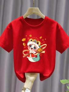 New 2025 Snake Year Childrens Red Short Sleeve Cotton T-Shirt Boys Girls New Year Visit Casual Loose Fit Spring Summer Autumn