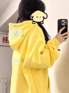 Yellow Pure Cotton American Retro Letter Embroidery Hoodie Womens Versatile High Street Loose Outerwear Spring Autumn Style
