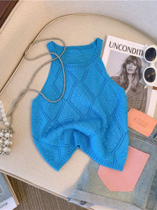 Blue Dopaamine Neck Hanging Strap Vest Womens Pure Desire Slimming Top Korean Style Commute Fashion Silk Blend Summer Shirt