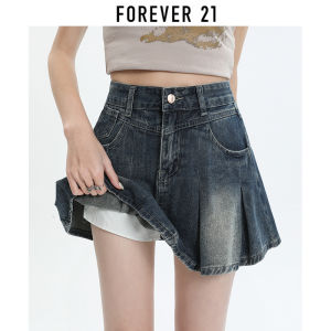 Forever21 | Chân Váy Jeans Ngắn Xếp Ly Cao Đài Màu Xanh Retro