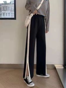 Quần Dài Thể Thao Nữ Mùa Hè Cạp Cao Rộng Rãi Hai Mép Trắng Đa Năng Quần Dài Thẳng Thường Ngày