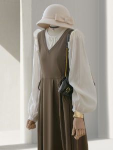 Elegant High-Waisted Knee-Length Dress Coffee Color Block Fake Two-Piece Womens Autumn New Style Commute Korean Style Long Skirt