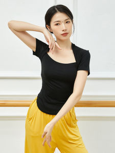 เสื้อยืดเต้นรำแขนสั้นผู้หญิง ทรงสลิมฟิต ระบายอากาศได้ดี แห้งเร็ว ดูดซับเหงื่อ ดีไซน์ฝึกซ้อมเต้นรำแบบฝรั่งเศส