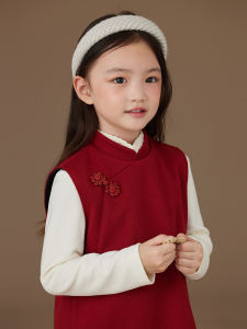 ชุดเดรสแขนกุดผ้าโพลีเอสเตอร์สีแดงสำหรับเด็กผู้หญิง ชุดไปงานวันตรุษจีน ชุดเด็กผู้หญิง ชุดฤดูใบไม้ร่วง ชุดเดรสยาวปานกลาง