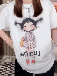 Summer Cotton Short Sleeve T-Shirt Womens Loose Fit Retro Hong Kong Style Chic Design Trendy Casual round Neck Top