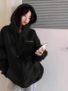 Oversize Hoodie Womens Spring Autumn Thin Design Sense Niche Top Lazy Style Zipper Coat Long Sleeve Cotton Polyester Blend