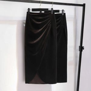 Gold Velvet Skirt Womens Mid-Length Autumn and Winter Slim Looking High Waist Asymmetrical Pleated Split A- line Sheath One-Step Skirt