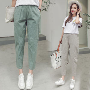 Spring Summer New Style Womens Cotton Linen Carrot Pants Loose Cuffed High Waist Casual Nine Points Harlan Thin Model