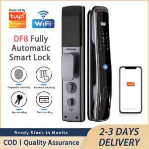Fully automatic smart lock wifi tuya smart door lock inside safety biometric fingerprint door lock foor door with password fingerprint key IC card APP remote Unlock electronic door lock main door lock for home hotel office fit left right door handle
