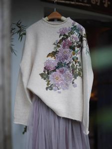 Elegant White Knitted Sweater Womens Winter Fashion Unique Design Embroidery Heavy Work Lazy Style round Neck Long Sleeve Top