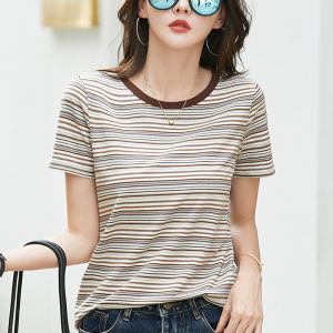 Pure Cotton Striped T-Shirt Womens Short Sleeve Loose Belly Covering Top Fashionable Korean Style round Neck Half Sleeve Shirt