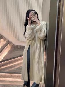 Lazy Style round Neck Pullover Knitted Dress Womens Loose Knee-Length Midi Skirt Side Slit Sweater Dress Commute Style