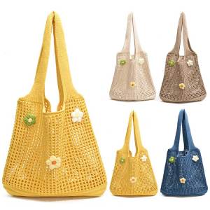 Women Knitted Tote Bag Fashion Tote Handbags Large Capacity Hollow Out Handbag with Flower Decor Casual Beach Bag Simple Summer Bag [Vodool Center]