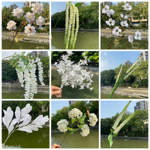 ตกแต่งดอกไม้ไหมสีขาวสําหรับงานแต่งงาน ดอกไม้ปลอมสําหรับห้องนั่งเล่น พวงหรีดคริสตัลแขวนผนังและกระจกด้านหน้า