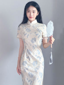 Elegant Lace Cheongsam Long Version in Light Beige for Young Girls Improved 2024 Chinese Style Breathable Short Sleeve