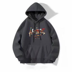 2024 New Arrival Print Autumn and Winter Thin Fleece-lined Chinese Fad Sweatshirt Mens Hooded Hong Kong Style Trendy Brand Plus Size Loose Pullover