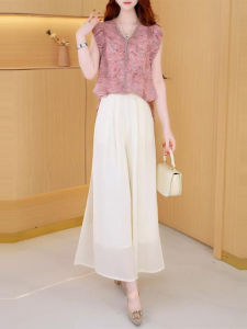 Shalldoer | Bộ đồ hai mảnh thời trang chống lão hóa mùa hè cho nữ Áo không tay cổ chữ V họa tiết hoa quần ống đứng váy midi polyester