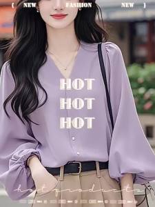 AMMIN 2024 Autumn new French V-neck advanced single breasted purple sleeved shirt simple solid color long sleeve natural drop elegant blouse