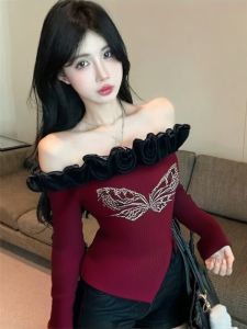 GUZILIAN | Pure Desire Sweet Spicy Red Butterfly Rhinestone One Shoulder Long Sleeve T-Shirt Autumn Winter New Hollow Out Splicing Design Top