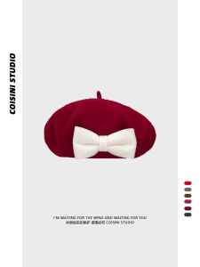 Elegant French Style Woolen Beret Hat with Butterfly Knot for Women Autumn Winter Versatile Fashionable round Top Painter Cap