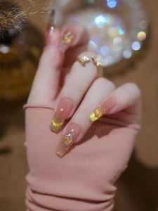 Autumn New Arrival Luxury Sensation Flash Diamond Cat Eye White French Nail Art Handmade Wearable False Nails Gold Sunset Color