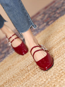 Grandma Style French Square Head Genuine Leather Rhinestone Chunky Heel Mary Jane Shoes Womens Fashion Single Shoes Casual Low Heel