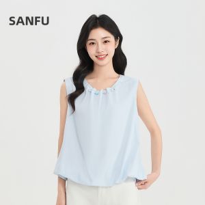 SANFU | Summer New Style French Sleeveless Blouse Flower Bud Hem Front Collar Beading