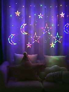 Dây đèn rèm Trăng Sao Noel may mắn trang trí TẾT trang trí giáng sinh có chế độ nháy nhiều màu sắc