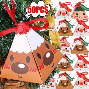 🎄Ready Stock🎄50Pcs Merry Christmas Candy Cookie Gift Packag Boxes with Ribbon Xmas Tree Hanging Pendent DIY Home New Year Party Decoration Supplies