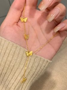 Sweet Laser Gold Butterfly Tassel Necklace Pendant Original Design Titanium Steel Fresh out Fashion Jewelry Womens Accessory