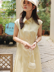 Yellow Flying Sleeve Summer Slim Fit Lightweight French Collar A-Line Dress