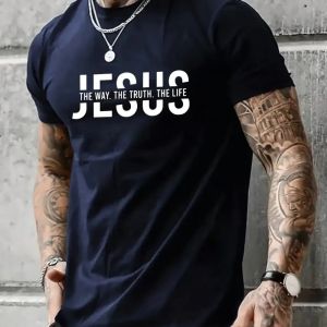 Summer mens polyester fiber casual loose round neck T-shirt Jesus Way Truth Life letter printed outdoor sports top