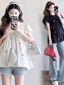 Maternity Summer Clothes Embroidered Butterfly Knot Short Sleeve Loose Casual Doll Shirt Bright Colors Maternity Top