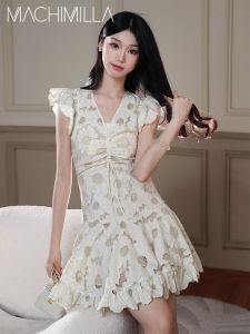 French Style Sweet Summer New Arrival Hollow out Embroidery Design Slimming Waistline A-Line Dress Womens Short Skirt