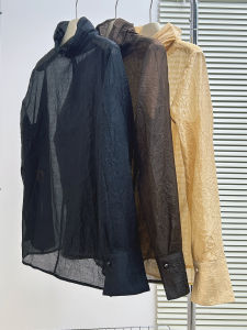 MANMI | High Collar Translucent Long Sleeve Shirt with Texture and Pleats