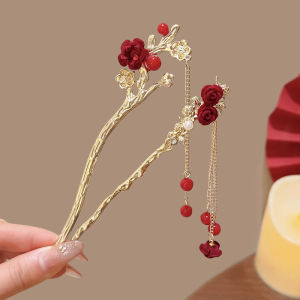 New Chinese Style Tassel Hairpin Womens New Year Traditional Hanfu Hair Accessories Red Color Versatile for Bun Hairstyle