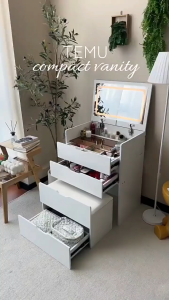 [free installation service]Space-Saving Vanity Desk-Flip Top Design with Touch LED Mirror&Storage (Trendy Cream Color for Small Bedroom)