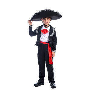 Fast shipping Kids Halloween Mexican Mariachi Amigo Dance Costume Boys Cosplay Costumes Childrens Day Performance Party Clothes with Hat