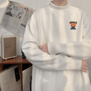 Thickened Fleece Long Sleeve T-Shirt Mens Winter New Style Warmth Half High Collar Inner Wear Base Shirt Youth Fashion